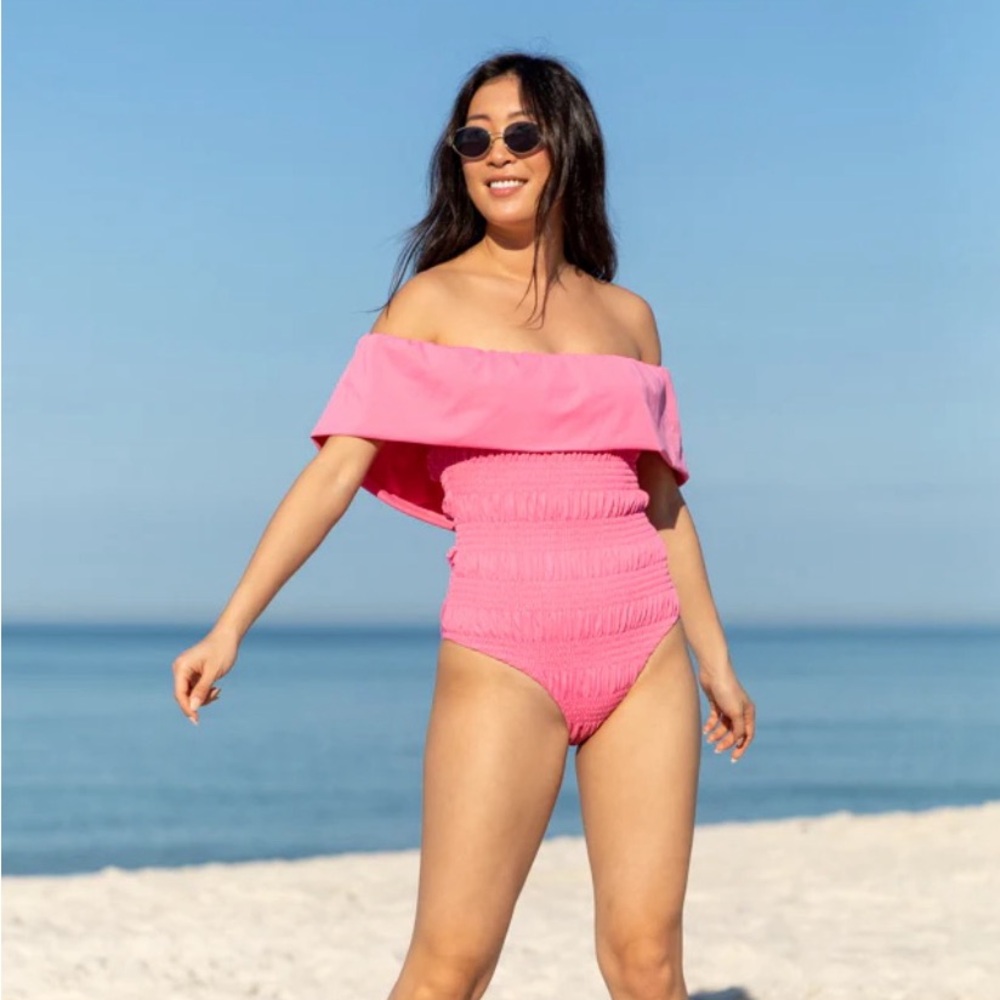 Pink Smocked Off the Shoulder One Piece Swimsuit *NEW*
